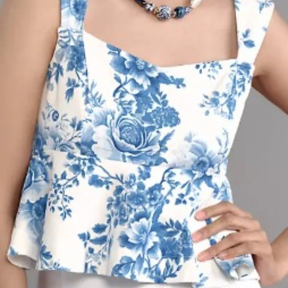 🏷️ NWT - ANTHROPOLOGIE Maeve Blue Floral Square-Neck Peplum Tank Top in Sz LARGE - Picture 3 of 7